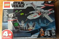 Front view of sealed LEGO Star Wars set box showing X-Wing Starfighter and trench run playset with Luke Skywalker, R2-D2, and Stormtrooper minifigures.