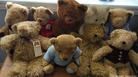 Front view of 9 teddy bears in various colors and clothing seated close together on wooden surface under window light.