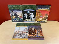 Front covers of 5 Magic Tree House novels including titles #5, #8, #9, #15, #16 displayed upright against red background on a wooden surface.
