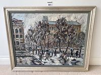 Full view of framed oil painting showing snowy street scene with pedestrians and architecture