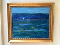 Overall view of framed abstract landscape painting showing color palette and frame style