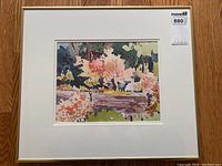 Full view of framed watercolor “September Snow” by Elizabeth Jaworski, double white mat and slim metallic frame