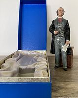 Royal Doulton Sir John A. Macdonald figurine standing next to the open original blue box.