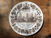 Front view of Canadian Centennial commemorative plate featuring historic image of Fathers of Confederation and provincial shields around the edge.