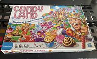 Candyland Kingdom of Sweet Adventures board game box front cover showing colorful characters, candy-themed illustrations, and recommended age 3+. Box condition visible.