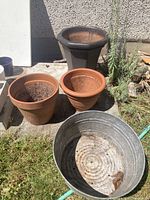 Four large plant pots including two terracotta, one plastic, one metal bucket style on concrete patio with some garden plants around