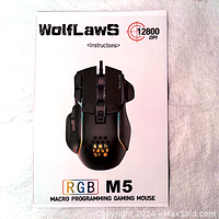Front of branded box showing Wolflaws RGB M5 macro programming gaming mouse with 12800 DPI and RGB lighting