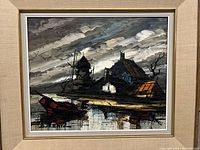 Full view of the windmill scene painting in gold frame