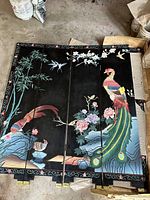 Full view of front of black 6-panel divider showing colorful birds, bamboo, and floral motifs