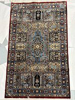 Full view of rug laid flat showing overall pattern and color palette