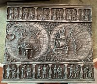 Detailed view of decorative wall plaque showing dual hemispheres of an old world map and figures representing various countries and cultures