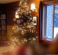 Decorated artificial Christmas tree lit with white lights, shown in a cozy room near a window.