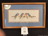 Front view of framed bluebirds needlepoint
