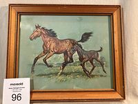 Framed horse print with lot tag visible
