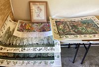 Photo showing four large botanical educational posters laid on the floor and a table, with a framed watercolor cat cross-stitch art above them.