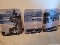 Three Bradford Exchange ceramic plates displayed side by side on a surface showing different outdoor scenes with birds and mountain landscapes.