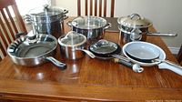 Overview of all pots, pans and lids arranged on table