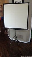 Full view of Knox Coronet tripod projector screen with white surface, tripod legs visible, frame has wear and rust spots