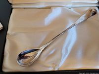 Long silver condiment spoon resting in a cream satin-lined box, showing the full length and overall condition of the spoon.