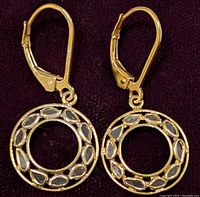 Front view of a pair of gold-tone stainless steel earrings each with circular open design studded with oval natural rough diamonds, showing lever-back clasps.