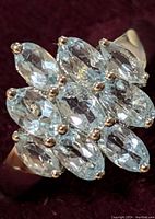 Close-up of cluster marquise-cut blue topaz stones set in sterling silver ring.