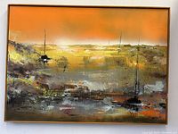 Full front view of the abstract sea vista oil painting with visible boats and warm color palette.