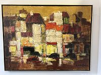 Front view of oil painting showing abstract town view in frame