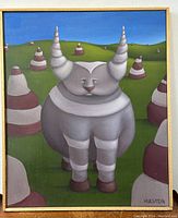 Straight-on front view of framed oil painting showing subject, color palette and signature