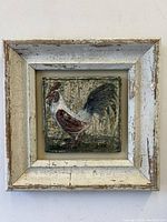 Front view of rustic wood framed clay tile oil painting of a rooster, showing the distressed frame and full artwork.