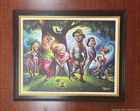 Framed print artwork showing caricatured characters from the movie Caddyshack in an outdoor golf scene.