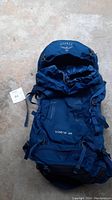 Full view of the Osprey Kestrel 38 blue hiking backpack laid out flat showing front and straps.