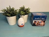 Two artificial plants in white ceramic pots, Kinder Bluetooth speaker, and Brella Patio Umbrella Vase box on a blue surface.