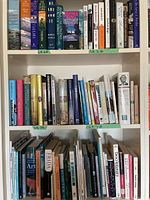Three shelves of books showing a mixture of fiction, biography, art, poetry with hard and soft covers. Titles include well-known and niche authors.