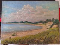 Grassy dune and beach curving into calm water under cloudy sky