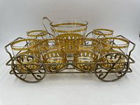 Full view of the complete bar set on the metal serving tray, showing 6 glasses, ice bucket with tongs, and tray.