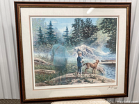 Full view of the framed vintage print showing the scene with boy and dog fishing with ghostly old man.