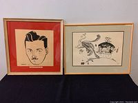 Two framed ink artworks side by side showing a portrait and a detailed drawing