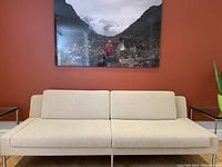 Front view of the sofa against red wall with artwork above