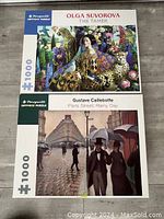 Photo showing two 1000-piece jigsaw puzzles by Pomegranate: Olga Suvorova's 'The Tamer' and Gustave Caillebotte's 'Paris Street; Rainy Day'.