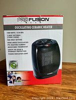 Front side of the Profusion oscillating ceramic heater box showing product image and key features such as 1500 watts, two heat settings, fan-only option, wide-angle oscillation, PTC heating element, adjustable thermostat, safety tip-over and overheat protection, and power indicator light.