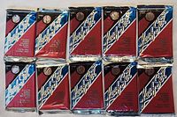 Ten sealed foil packs of Leafset baseball cards arranged in two rows of five, showing front packaging with logo and information.