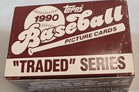 Closed and top view of the 1990 Topps Baseball Picture Cards box labeled 'Traded' Series.