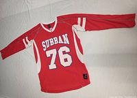 Full view of the red Subban 76 NHL jersey showing front design and sleeve details.