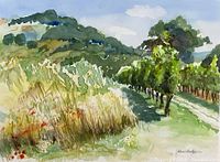 Close-up of the watercolor painting showing detail of the landscape and signature by JoAnne Dickinson.