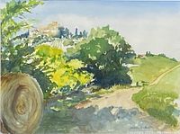 Close-up of the farm landscape watercolour showing the hay bale, greenery, and path
