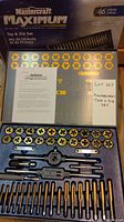 Photo of Mastercraft Maximum Tap & Die Set with open metal case showing 46 pieces including taps, dies, and accessories.