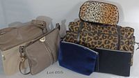 Five purses and bags including tan leather, leopard print, and a blue pouch