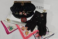 Full set showing purse, gloves, handkerchiefs, powder compact, and vanity tray