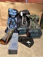 Overview showing three backpacks, two translucent bear canisters with red caps, rolled foam pad, folded sleeping pad, and MSR water bag