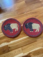 Top view of two round seat cushions with bison design on a wooden floor.